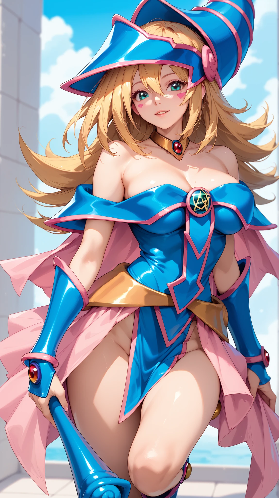 black magician girl、super chestousthick、very blonde hair、magic circle、8k, 4k, of the highest quality, High resolution: 1.2),flicker、an exposed breast、cute anime face、pink blush on the cheeks.、noise removal、Leotard that bites、have a cane、Hold your cane、