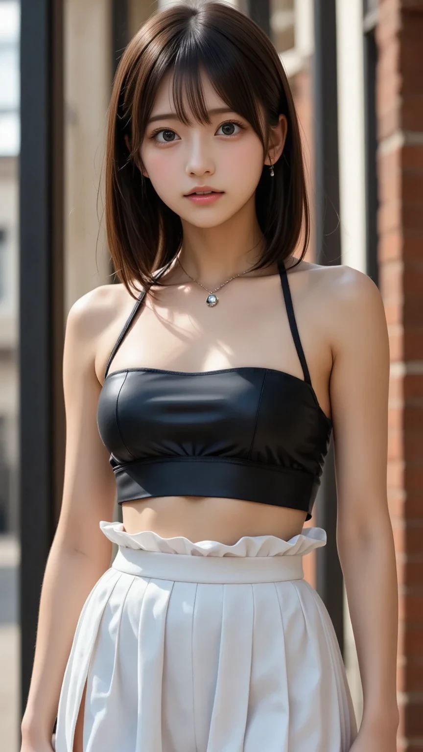 Ultra-clear resolution,Young girl,Shoulder-length hair,Light hair color,Earrings,Clear eyes,No makeup,Lip Gloss,Perfect face,Fair skin,Perfect breasts,Long and slender legs,Halter neck tulle top,Denim Mini Skirt,Black high heels,Empty outdoors