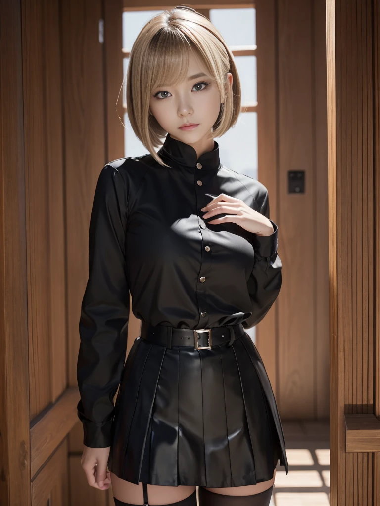 1girl,solo,gloves,pantyhose,1girl,skirt,blue eyes,black background,necktie,black gloves,short hair,shirt,blonde hair,red necktie,black pantyhose,white shirt,simple background,looking at viewer,