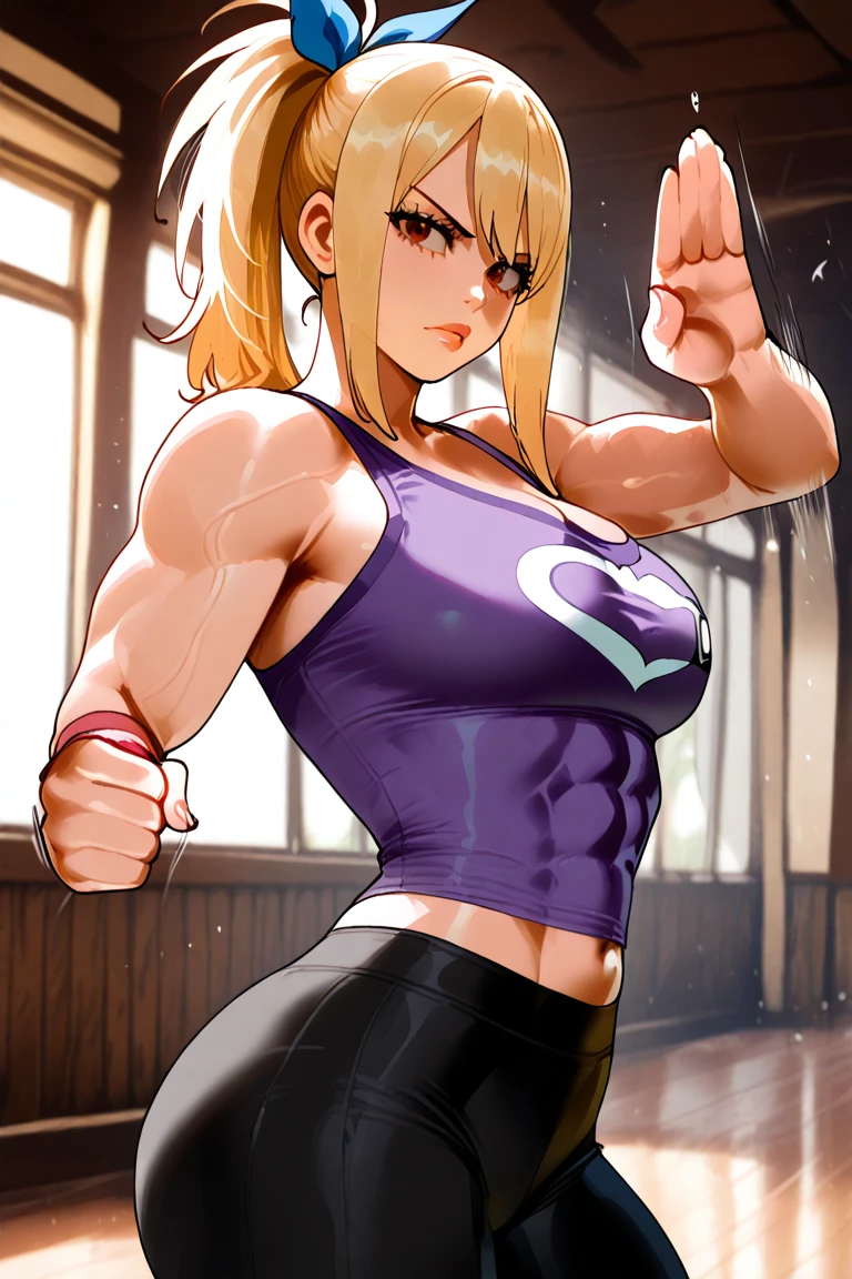 (masterpiece, best quality:1.2),miraculous,Rose Lavillant, 1girl, solo,short blonde hair,bluebell eye's,pink-top,white pants,,muscular,female,bodybuilder,strong,toned physique,ripped muscles,lean body,fitness enthusiast,empowered,confident,posing on the stage,determined expression,fierce competition,bulging biceps,sweat dripping,veins popping,athletic physique,intense workout sessions,strong legs,bulky shoulders,disciplined lifestyle,dedicated training regimen,fitness inspiration,endurance,unstoppable force,barbell,weights,exercise equipment,stamina,perseverance,sculpted arms,powerful presence,fitness model,athleticism,competition preparation,high-intensity training,competition stage,striking physique,mental fortitude,motivation,hard work,persistence,inspiring,admired by others