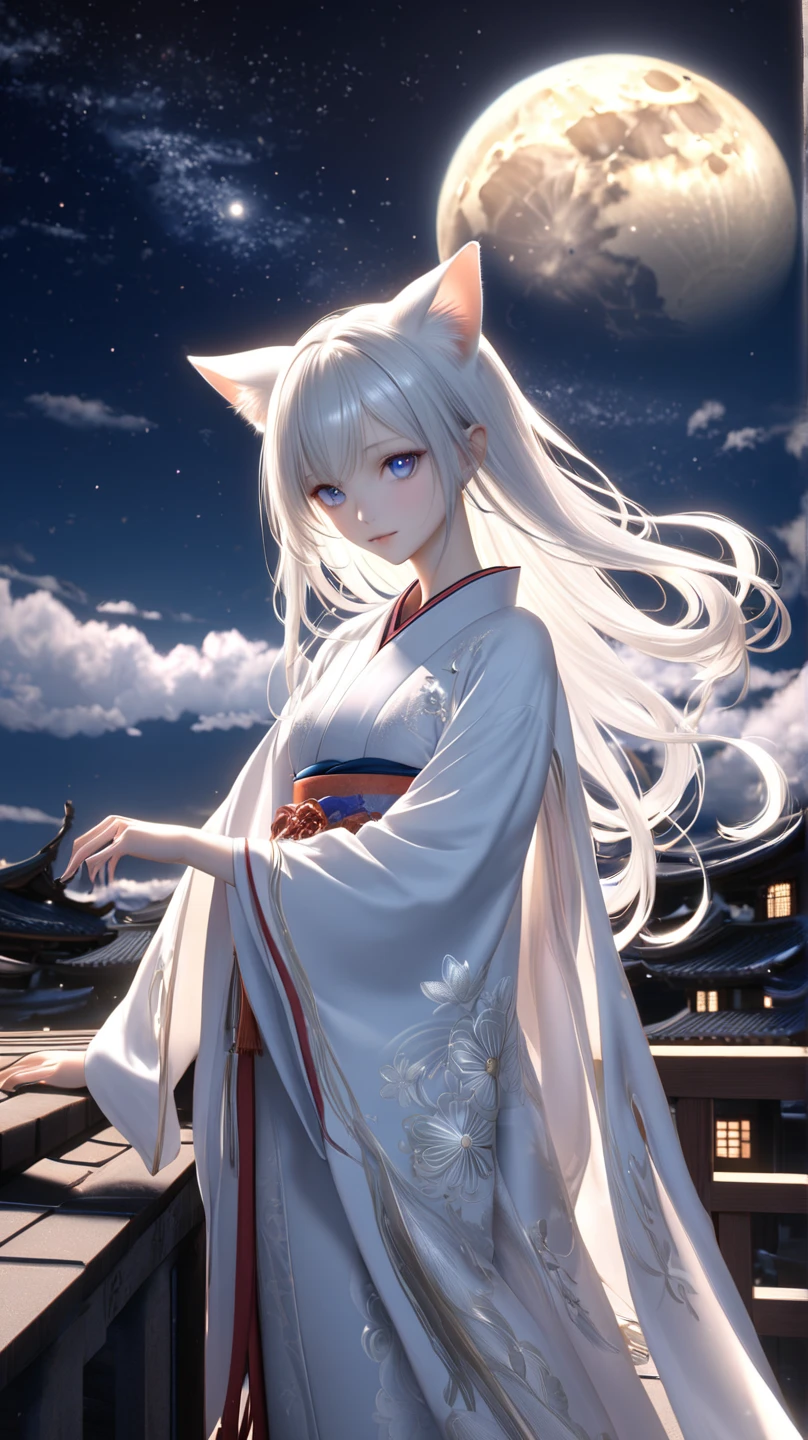 Kitsune girl,hime cut,have silver or white or gray eyes,gold darkblue and red tones japanese cloth, geisha dress theme sun&moon , traditional japanese , long white hair,silver fox ears, have kitsune tail, beautiful woman, silver eyes, elegant, young adult beautiful,night , starry night,sexy eyes,flirting,smile, erotic