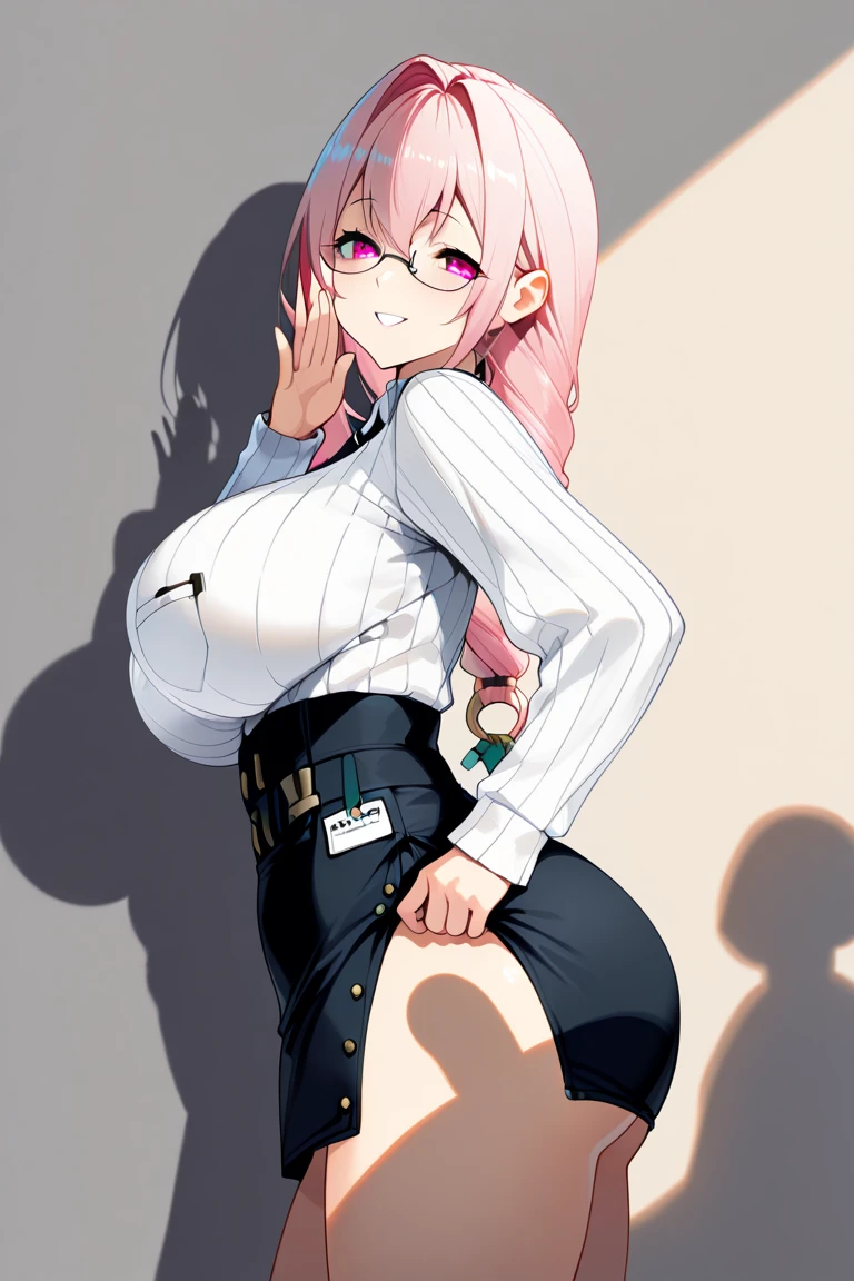 (​masterpiece、top-quality、ultra-detailliert)、((1 girl))、((Pink hair twin tails))、light blue  eyes、evilsmile、piercings、((very Bigger breasts))、White shirt、long-sleeve、Black harness、((black leather short shorts))、thighs、wide hips、cowboy  shot、((Turn your butt))、((Rear view))、Warehouse background