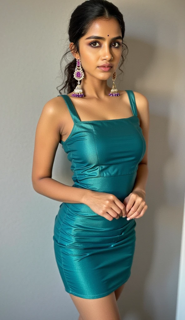 chica blanca con ojos verdes en vestido corto
