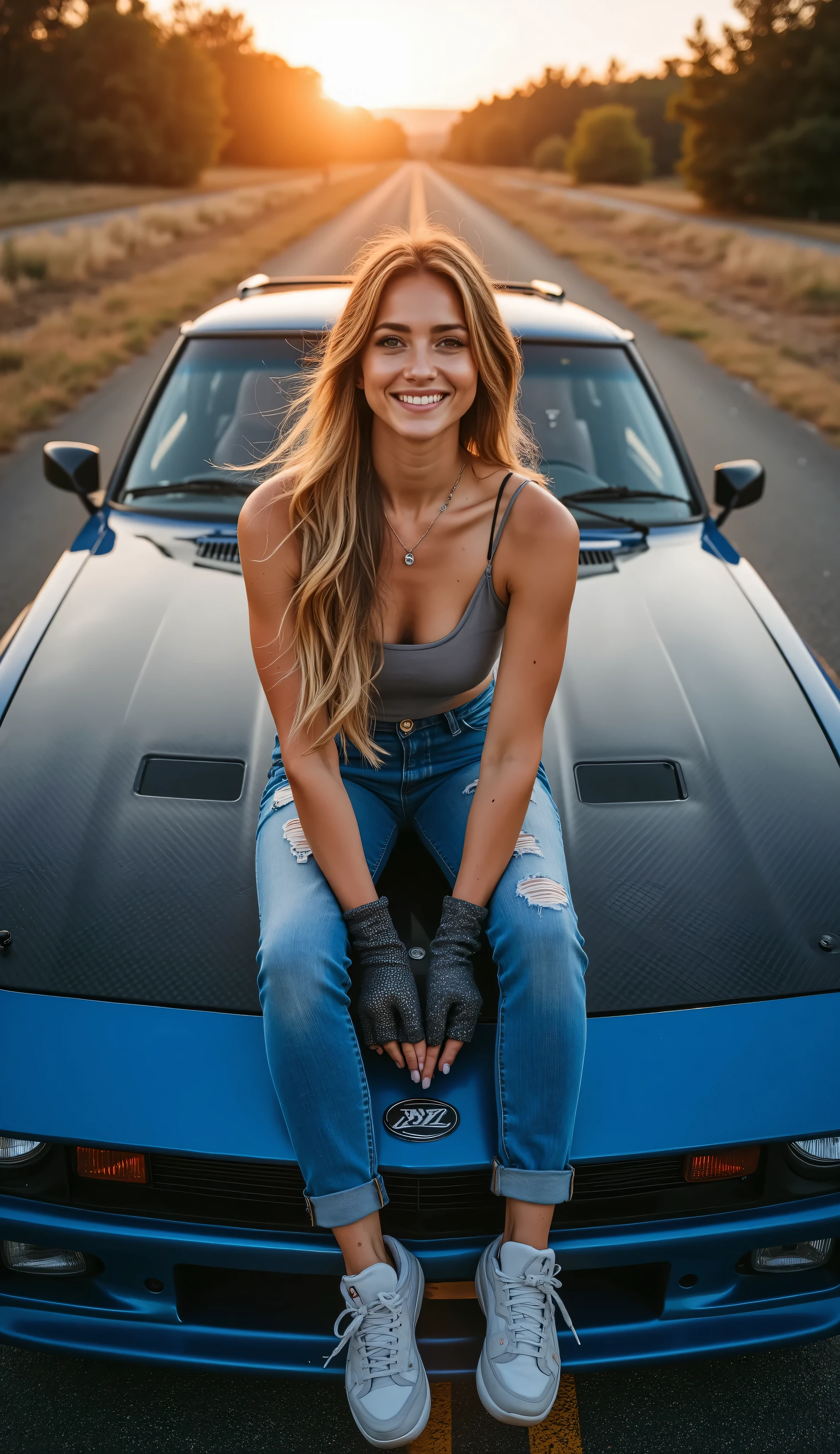 A cinematic, wide-angle shot from a slightly high camera angle, looking down at a 20-year-old woman with long blonde hair sitting on the hood of a Nissan S30 Fairlady Z , placed in the center of the frame. She is smiling warmly and looking up at the camera. She wears a camisole top, distressed jeans, Nike sneakers, and fingerless gloves. The car has a Midnight Blue base color, with a black carbon fiber hood, black carbon fiber overfenders, and black carbon fiber side mirrors. The car is modified in JDM style with visible custom stickers. The headlights are on. The front wheels are sharply turned,  The scene is set in the middle of a road at sunrise with dramatic backlighting. Realistic, photo-realistic style, with strong perspective distortion from the wide-angle lens.