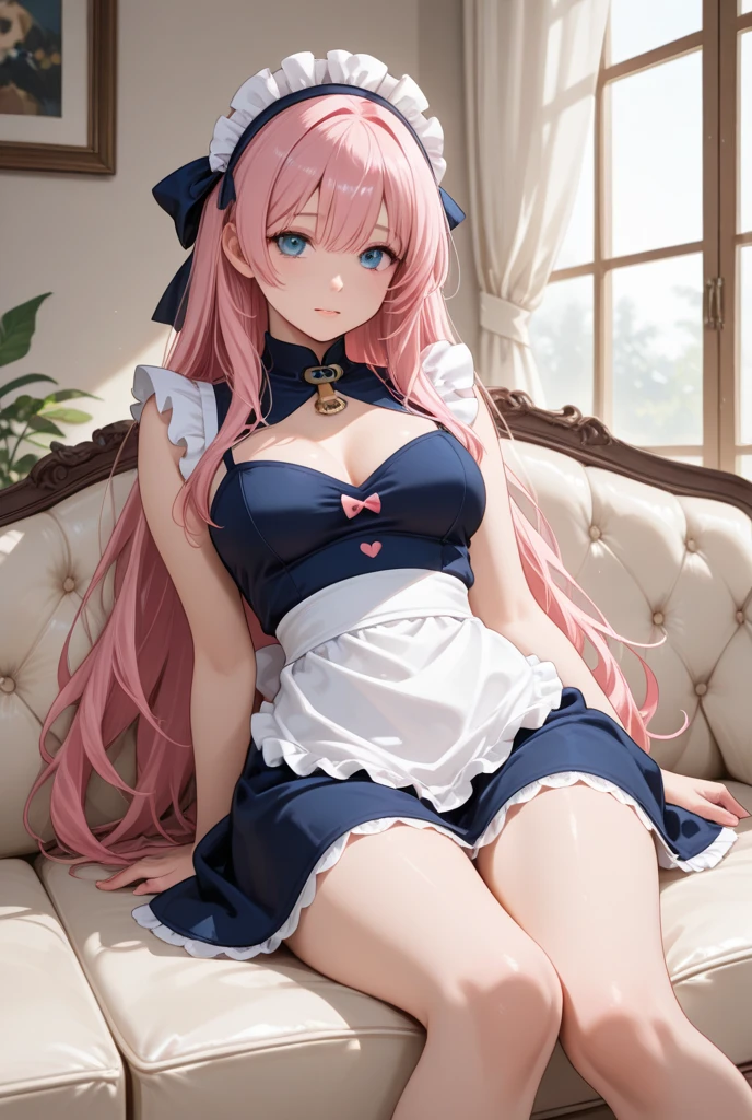 beautiful girl, slim hourglass frame, shimmering deep blue sapphire eyes, long flowing pink hair, fair skin, maid, maid dress, short maid dress, sexy maid dress, sexy, laying on bed, on bed