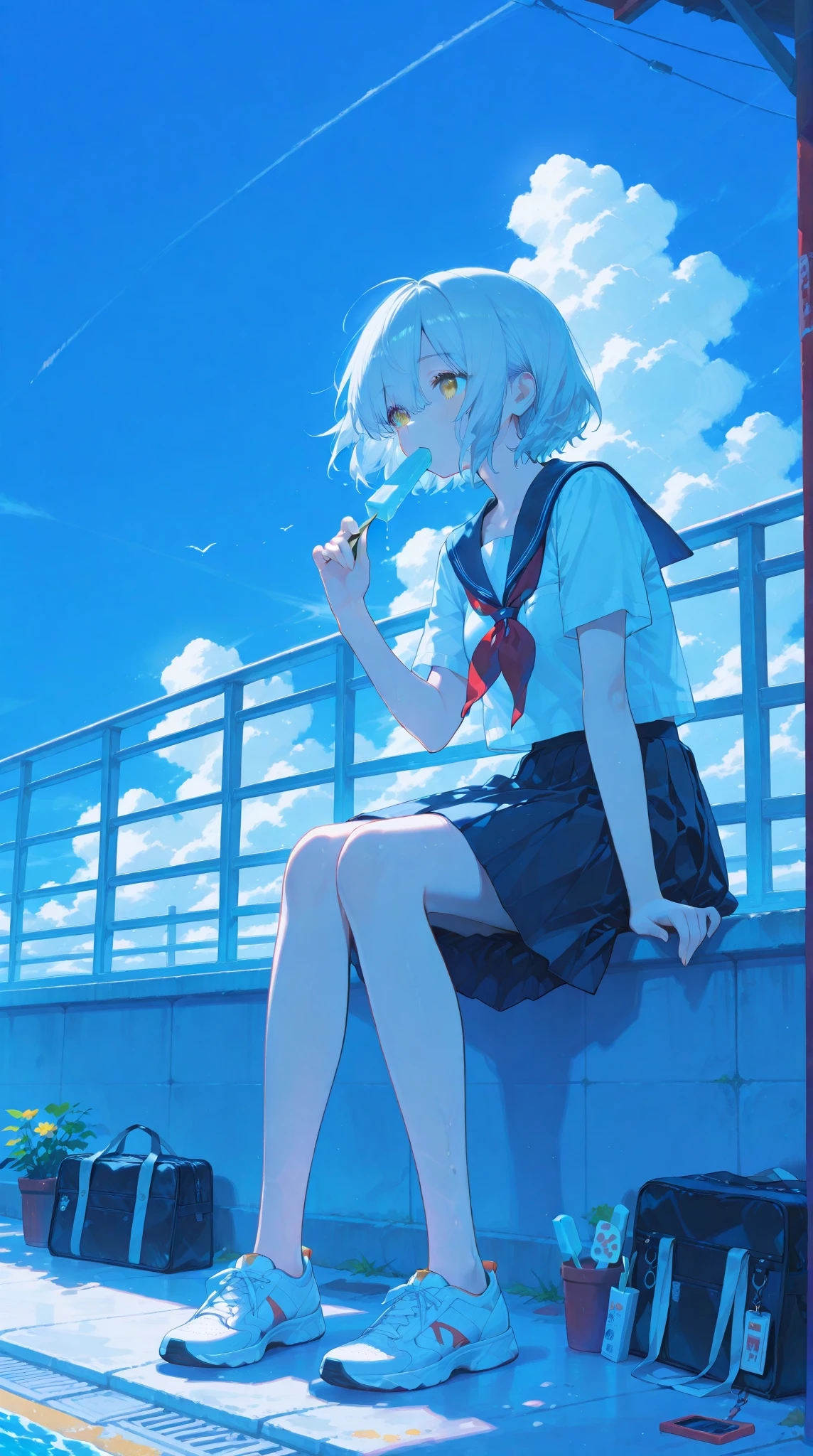 nahida, masterpiece, best quality, masterpiece,best quality,official art,extremely detailed CG unity 8k wallpaper, sky, game_cg, loli, loli, short hair, white hair, gradient hair, ahoge, light blush, gradient_eyes, green eyes, seifuku, kneehighs, uwabaki, hand_to_mouth