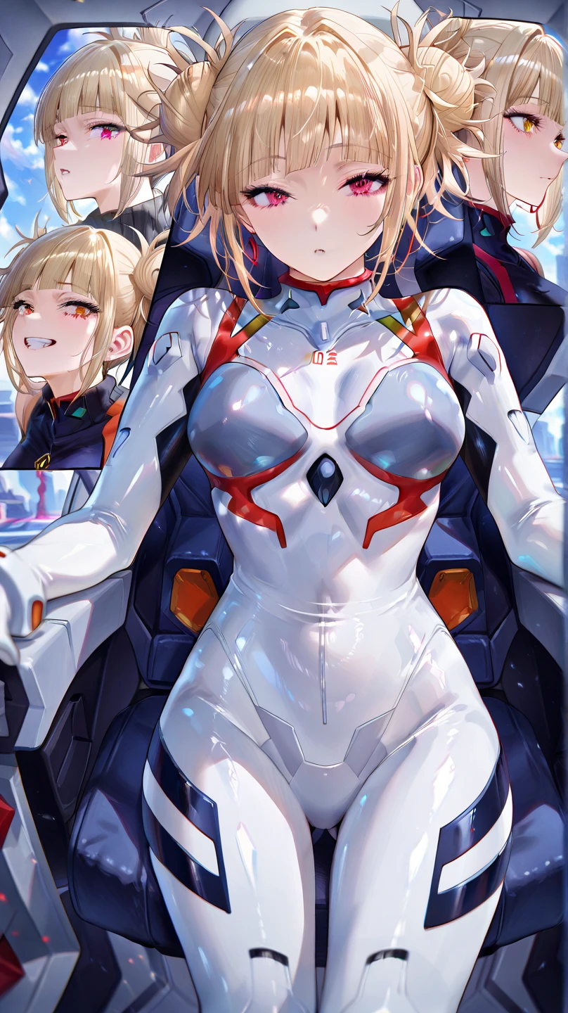 optimum,tmasterpiece,hight resolution,best qualtiy,hyper HD,super detailing,awardwinning,16 K,独奏,(The upper part of the body),anatomy correct,Beautiful cyberpunk girl,cowboy shot、cute face,,a blond、bob cuts、Red ribbon hair ornament、Hairline,((scarlet eyes)),long eyelasher,Hanging eye corners,White skin of the,((Shoot head-on)), ((plugsuit:1.5)), ((Clocktop、)), ((Sheer nipples))、Rocket Tits, (Slim body),