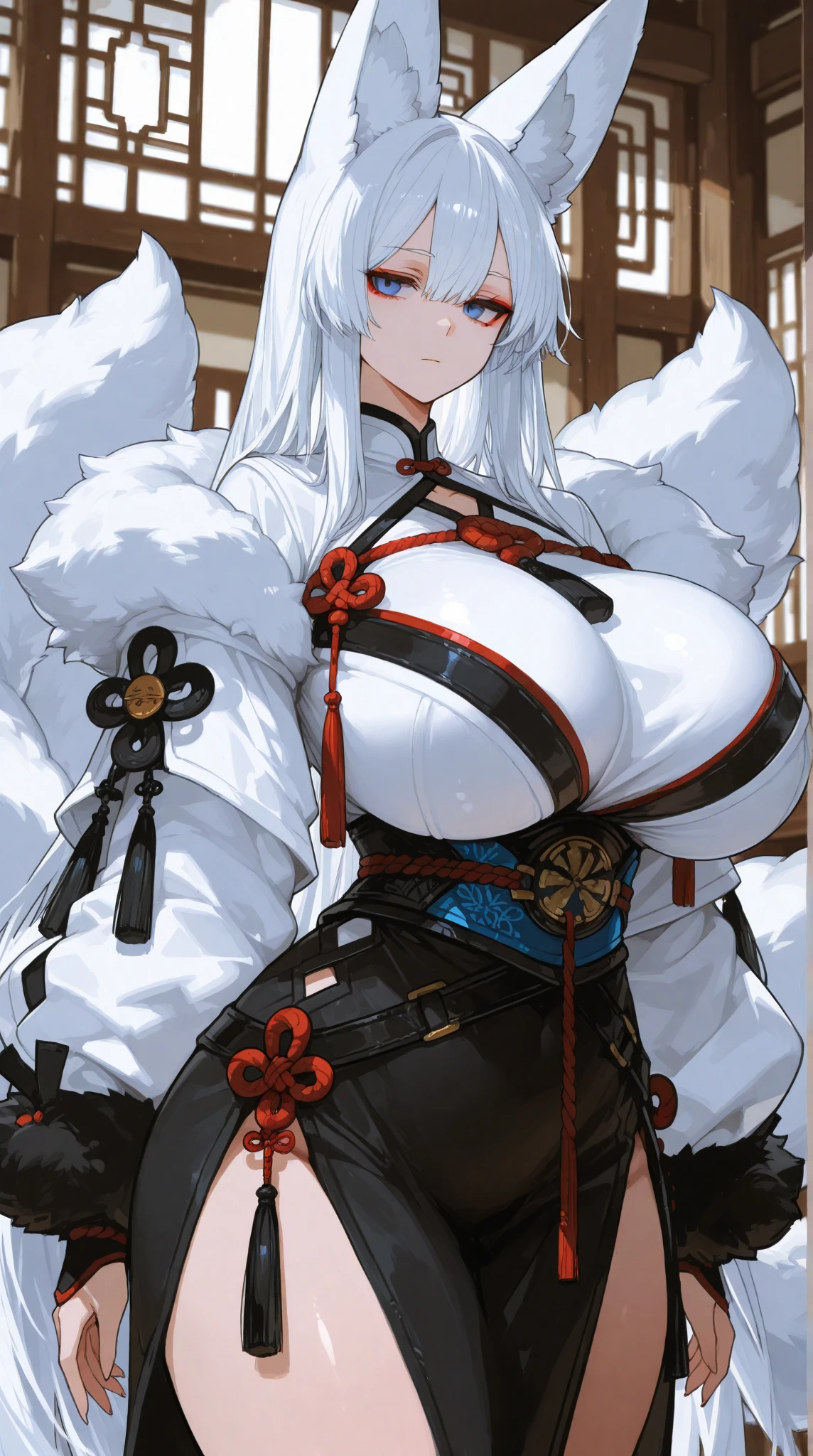 最high quality, 8k, High resolution, high quality, masterpiece, beautiful, (Anatomically correct:1.2), Long white hair, Wolf Year, Wolf's tail, blue eyes, Fishnet tights that reach up to the thighs, Black combat boots, Wearing an open jacket lined with fur, nude, alone tomboy, Only one woman ((Big Breasts)) alone, alone, (alone)(alone) Thick thighs, Wide Hips, blue eyes, Perfect Eyes, Perfect Face, Fuller lips, Happy, White shirt, abdomen, black cut off shorts, Face in perfect detail,