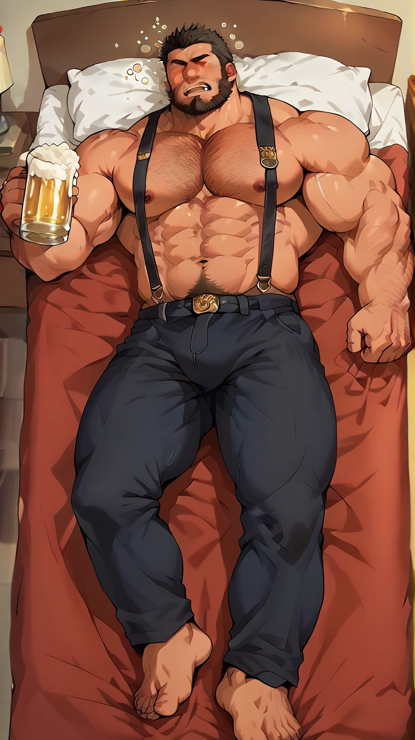 Middle-aged man, masculine face, light brown eyes, short, wavy brown hair, drunken expression, with a mustache and no beard, muscular and very hairy body, huge hairy chest, huge biceps, oily and shiny skin. He is holding a mug of beer in his right hand, wearing a wet white shirt, rectangular glasses, beige pants, brown shoes, and standing in the living room.