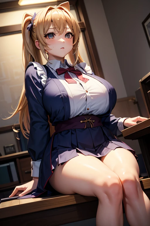 masterpiece、top-quality、Hi-Res、Bring the subject to the fore、upper body、 Aerina、Longhaire、a blond、Inter-eye hairs、(20yo、Slender eyes、adult lady、huge tit:1.1)、((She wears lace white panties、Cameltoe))、 Red ribbons、Striped ribbon、blazers、white shirt、Blue jacket、long-sleeve、Plaid skirt、Brown skirt、Black Thigh Socks、(spread legs,m legs,squatting with legs open)