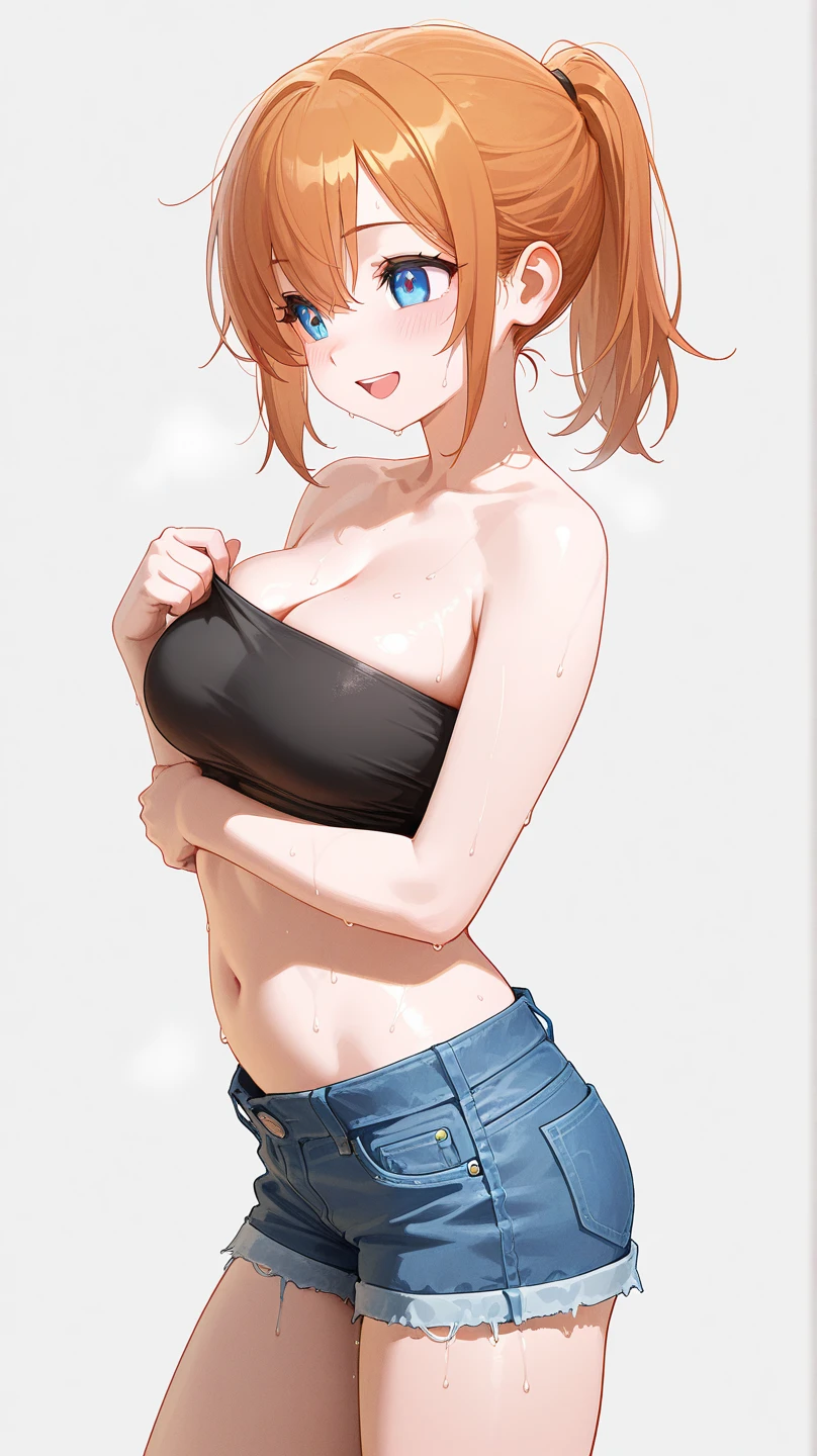 score_9, score_8_up, score_7_up, score_6_up, score_5_up, score_4_up, uncensored, Priscilla Barielle, orange hair, red eyes, braided bangs, braid, hair bow, BREAK (masterpiece:1.2), best quality, high resolution, (detailed eyes:1.3), perfect lighting, (perfect hands, perfect ???????), large breasts, standing, virgin_destroyer_sweater, heart hands, embarrassed, clenched teeth, backyard