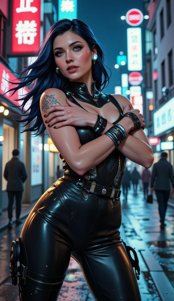 solo, (dark shirt, high waisted jeans, sneakers), better eyes, better skin, better face, super fine illustration, (realistic skin), (insanely detailed blue eyes), milf, (face focus), (((front view))), looking past viewer, vivid and beautiful, shocking sensation, incredibly detailed, beautiful detailed girl, (lithe), Sasha Yakovleva, Cyberpunk 2077, Edgerunner, Night City, cyberpunk character concept art, (thin waist:0.8), (wide hips:0.8), (large—medium supple breasts:0.8), (see-through:0.5), (plump thighs:0.6), movie lighting, weighted shadows, weighted hair, realistic physics, perfect shadow, realistic lighting shaded, cyberpunk scenery