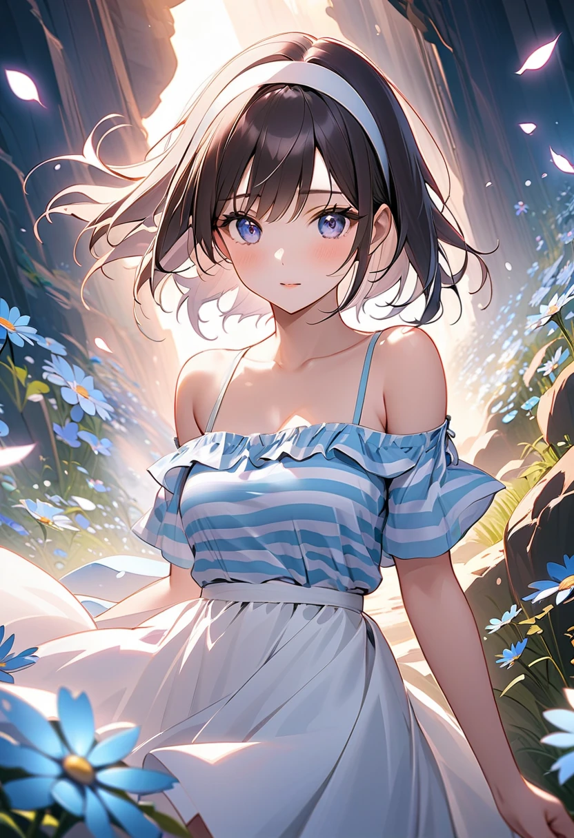 Highest quality masterpiece High resolution masterpieceグレーアイズ Low Twintails、casual summer outfit 、flowerpunk、Sparkling light particles、Vivid gradient effect