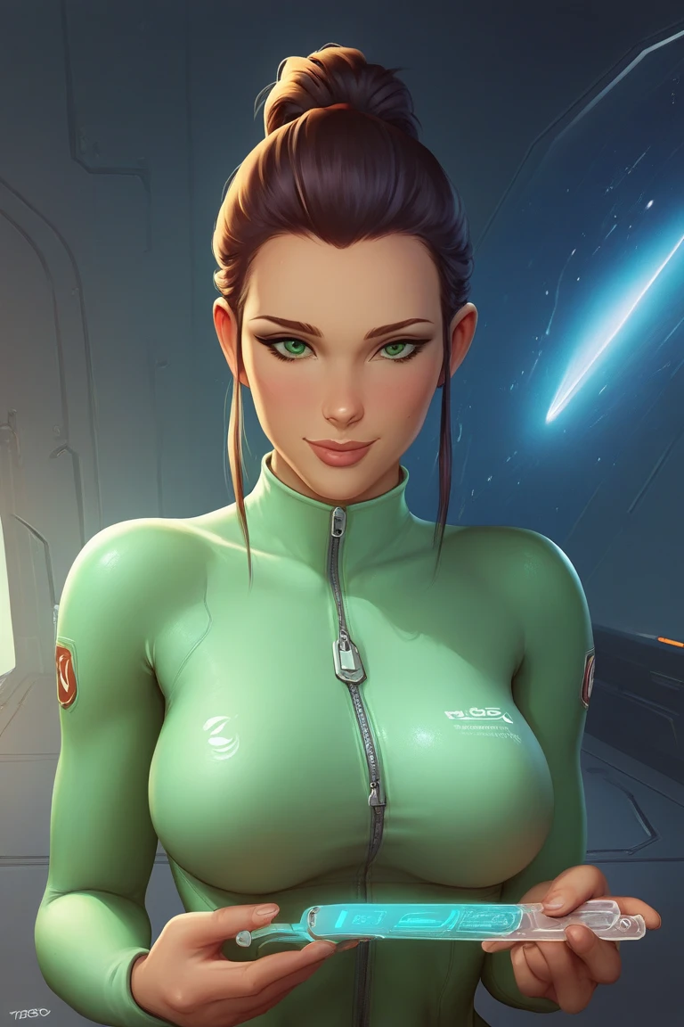 score_9, score_8_up, score_7_up, score_6_up, BREAK Kafka, Sci-fi outfit, cleavage, big breasts, seductive smirk,sweating, on a spaceship, in space