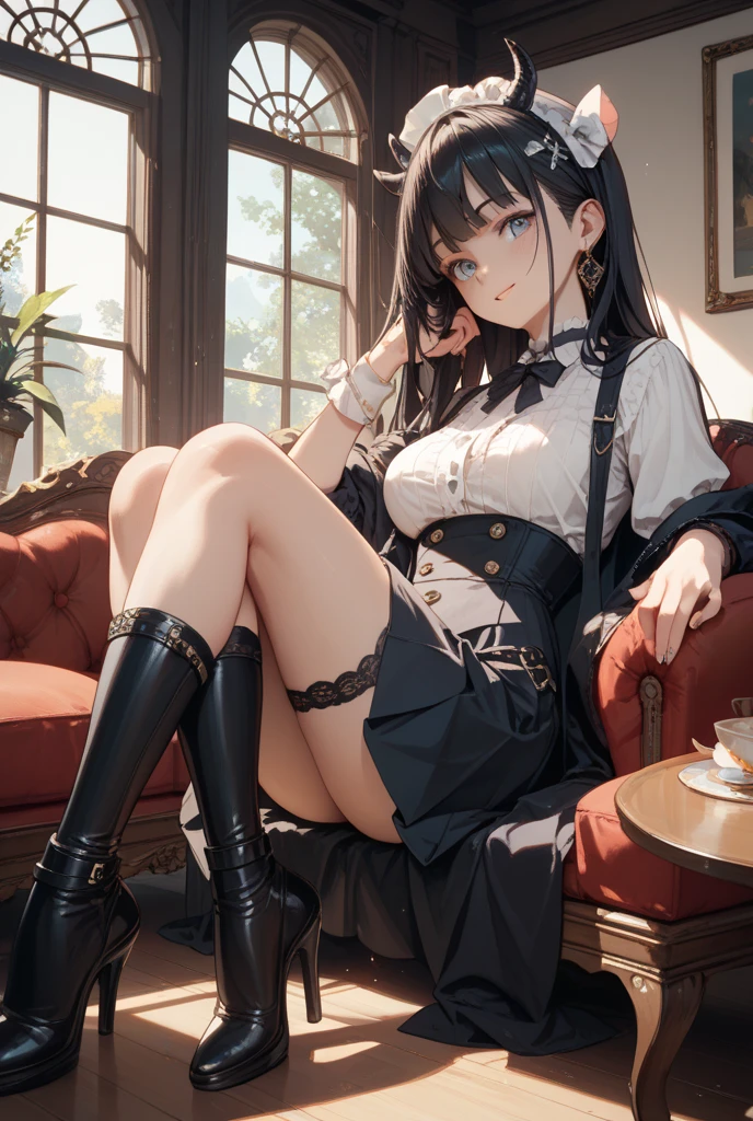 (full body shot, full body view), cute and symmetrical face, masterpiece, RAW photo, best quality, photorealistic, extremely detailed CG unity 8k wallpaper, (natural side lighting, movie lighting), looking at viewer, (face focus), 1 girl, japanese, 25 years old, perfect face, perfect body, shiny skin, (long sideburns, light black hair), hair between eyes, emerald green eyeiddle breasts), beautiful hair, beautiful face, beautiful lips, beautiful eyes, beautiful detailed eyes, beautiful clavicle, beautiful body, beautiful chest, beautiful thigh, (beautiful long thin legss), beautiful fingers, (small butt), blush, ( Stiletto heels and anklets), black rubber suit, office lady uniform,Office wear,(flare skirt,ruffle skirt),(biologically correct form,correct appearance as a human being), (lovely smile, slightly open mouth),droopy eyes, black stockings, slender body
