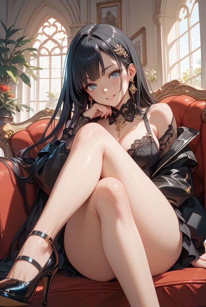 Masterpiece, hyper detailed, perfect anatomy, gleaming skin, 1sexy medium boob size rich stray black haired girl, nude kneeling on her royal sofa shamelessly blushing, eyes blue , girl wearing, only small white pearl bra, golden earrings, pearl necklace, golden watch, naval piercing on her belly button, ring, black pair of high heels stilletos, morning time rainy weather, (real depiction of real female pussy), full body shot, arms down, very Pretty and young girl, slender body, small waist and ass. nude girl, girl wearing only small pearl white bra. Kneeling on her knes. Close legs. Gun pointing at viewer. Piercing on her belly button, she is wearing fluffy black woolen jacket for extra sexiness