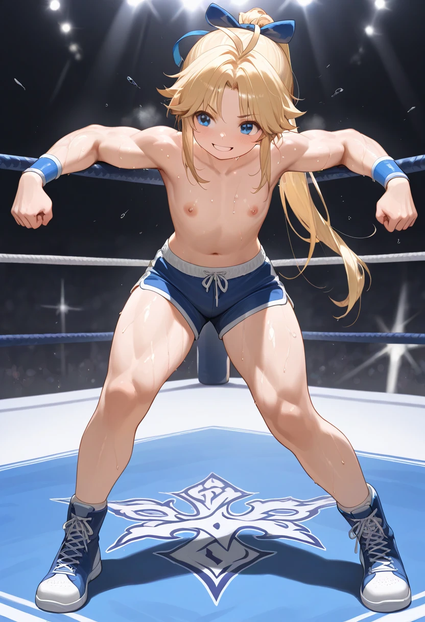 (high resolution:1.3), (16k, Detailed Images), Professional wrestling ring、boxing、負けたGirl、(Girl、Nude 1.3、Crying face:1.4、Blonde ponytail)、thigh