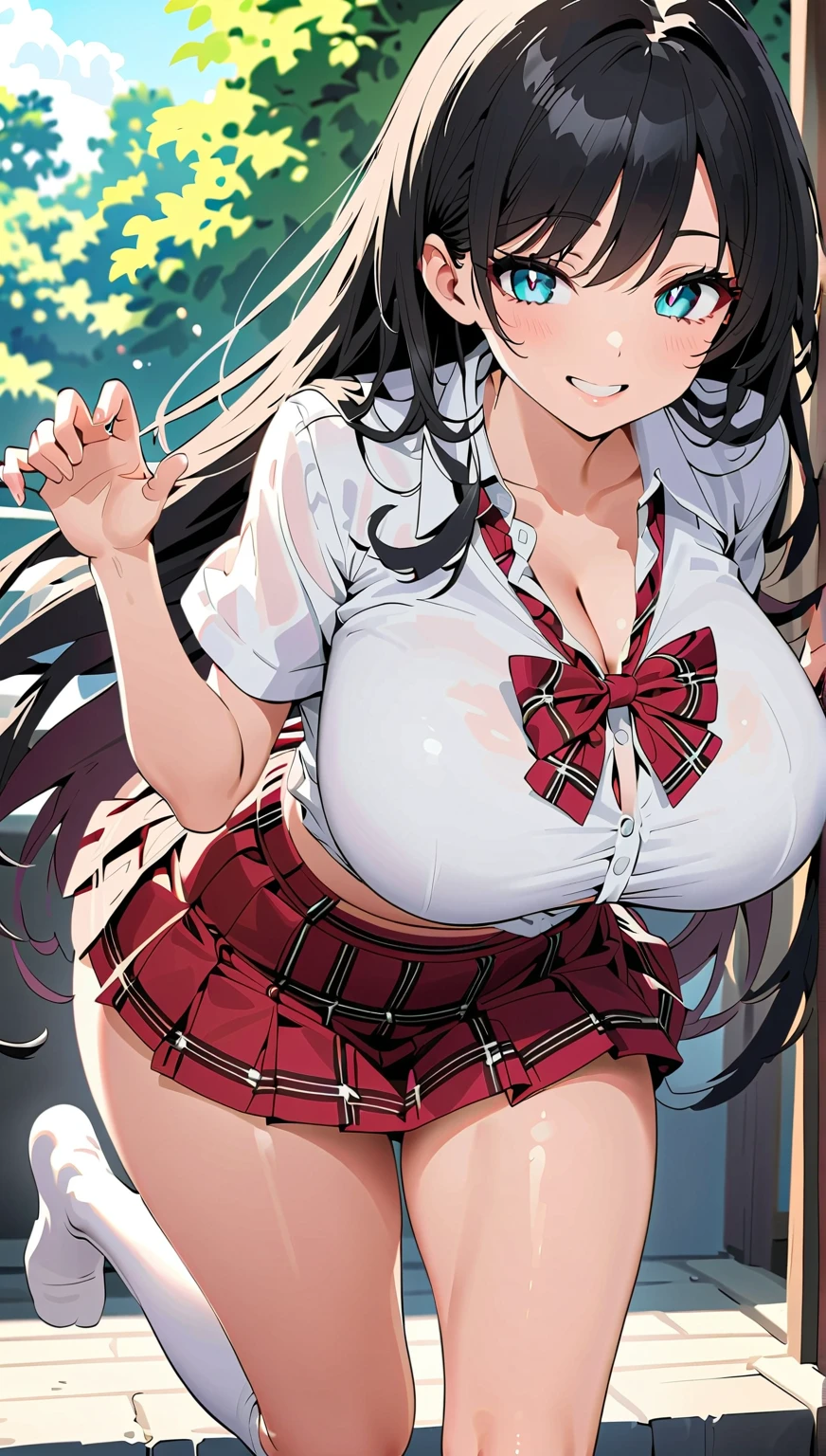 (((masterpiece:1.4, Best Quality:1.48K))), ultra high res, Physically Based Rendering, Full Body Shot, ultra Beautiful Sexy Woman, highlights in the eyes, navy long hair, (wind blows up her hair), (gigantic Breasts:1.3), slim abs, narrow waist, 24yo, (embarrassed, blush, tears:1.2, open mouth, drooling:1.4), ((full nudity:1.4)), ((red plaid pleated micro miniskirt, no panties)), ((BREAK black stockings)), (bdsm, arms tied up by chain, Both hands above the head, spread legs wide:1.9, detailed beautiful pussy exposed:1.2), (spread pussy exposed:1.2, cum in pussy:1.4), ((Confinement Room)), dim candle lighting,