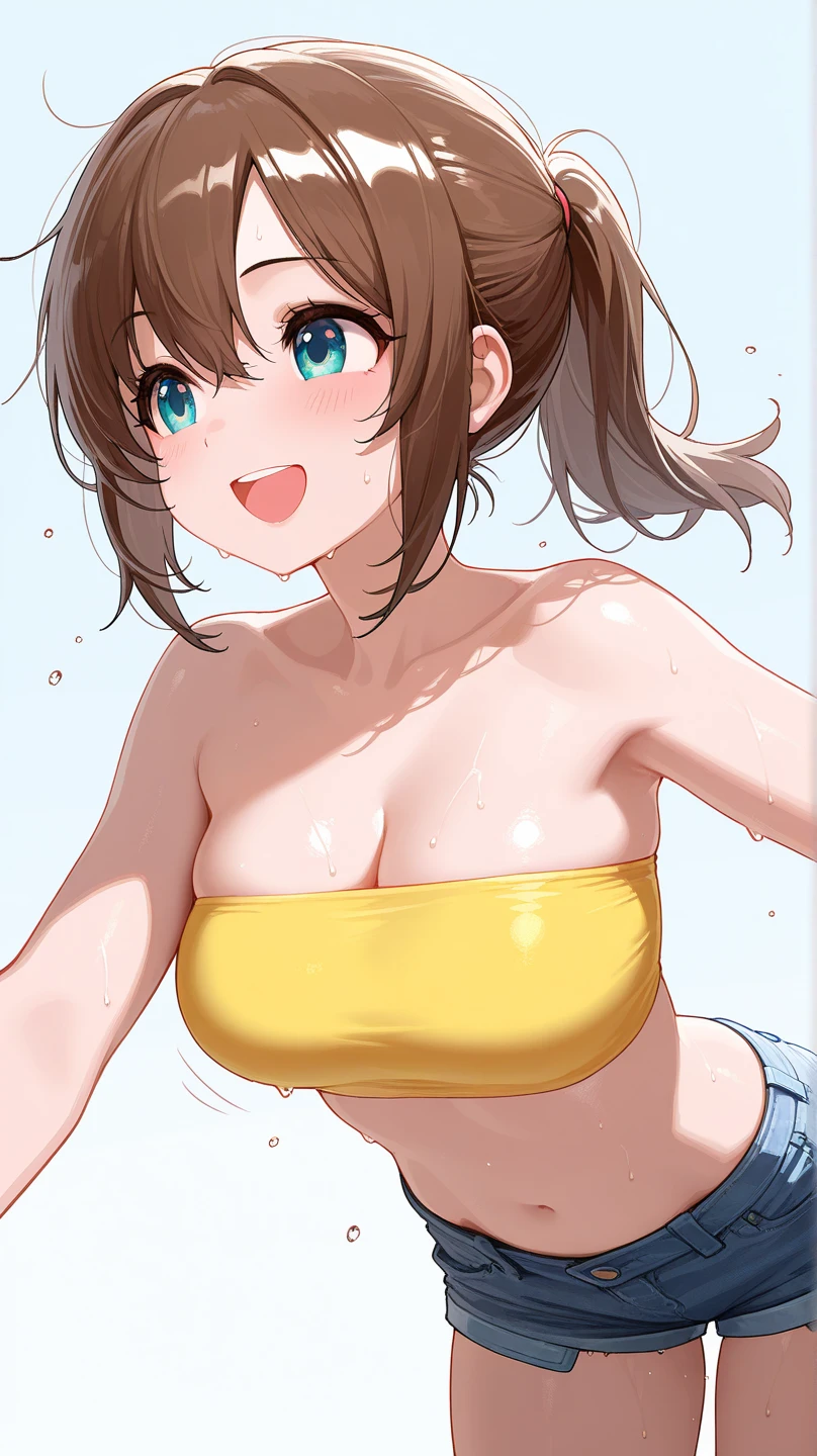 pov, front view, upper body, too slender, big boob, big boob, small face, brown short hair, sport swimwear, sunglasses, wink, feel so good, blush, paizuri, penis, lift up, stare at viewer, no extra arms and hands, hands on boob