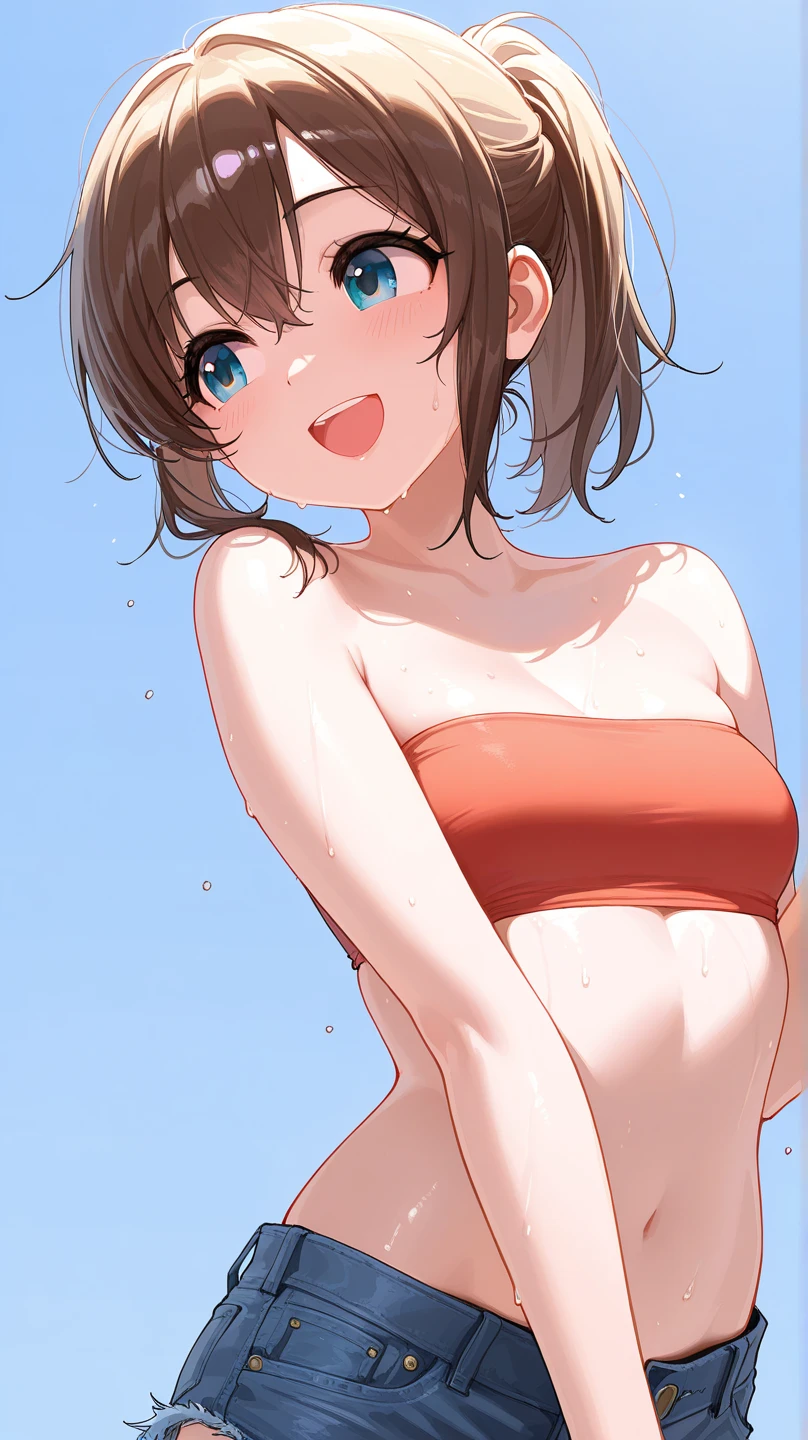 frame in, from right in front of face and body, upper body, High quality, very high res, High quality, very high res, cute girl, brown hair, forehead, blunt bangs, bob cut, blush, Brushed up bangs, (topless:1.2), medium breasts, (pale pink nipples:1.2), layered bikini, crawling position on their hands and knees, (All fours:1.2), smiling with open mouth, at beach
