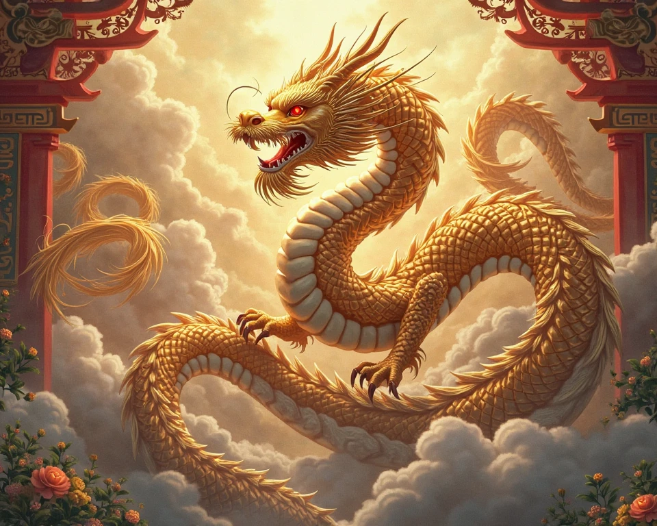 (Highest quality,masterpiece, Complex,Super detailed,Realistic,RAW Photos,8K Ultra HD,Ultra-high resolution,Photorealistic Style,Movie Scenes, Sharp focus,Dramatic lighting,Highly detailed CG Unity wallpaper) ,Golden Chinese Dragon,Chinese Golden Dragon in the Clouds、god、emperor dragon、１body、５The book has sharp claws、Thang Long、climb high into the sky、god社