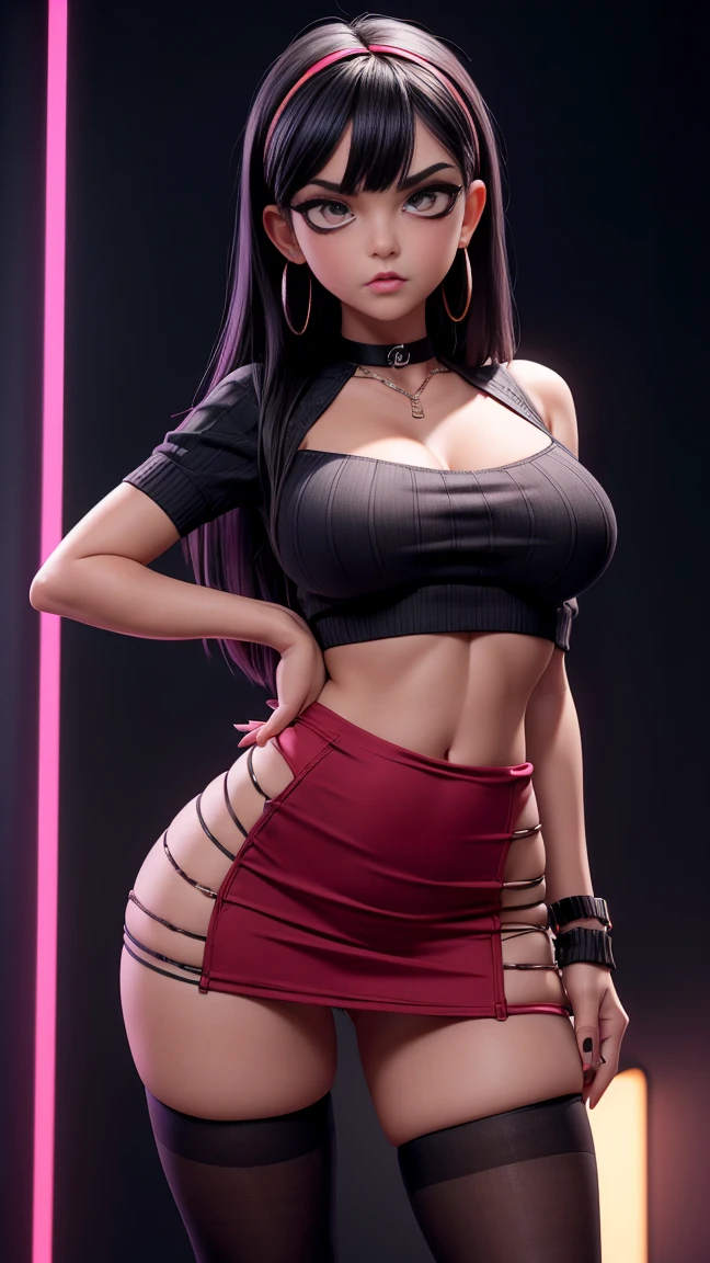 there is a Botez Sister woman squatting, long curly hair, 3 d neon art of a womans body, neon-noir background, cyberpunk femme fatale, seductive cyberpunk dark fantasy, cyberpunk strip clubs, cyberpunk 20 y. o model girl, oppai cyberpunk, banner, high definition cgsociety, cgsociety masterpiece, trending on cgstation, kda, random hair, looking at camera, gigantic breasts, cleavage, (high detailed skin:1.2), 8k uhd, dslr, super lighting, high quality, film grain, high res, highly detailed, hyper realistic, beautiful face, beautiful body, beautiful eyes nose lips, alluring expression, very bold, upper visible, full body photo, standing legs apart, pale translucent glowing skin, most beautiful face, cute, (well defined pubic hair:1.2)), (dark plain black background:1.4))