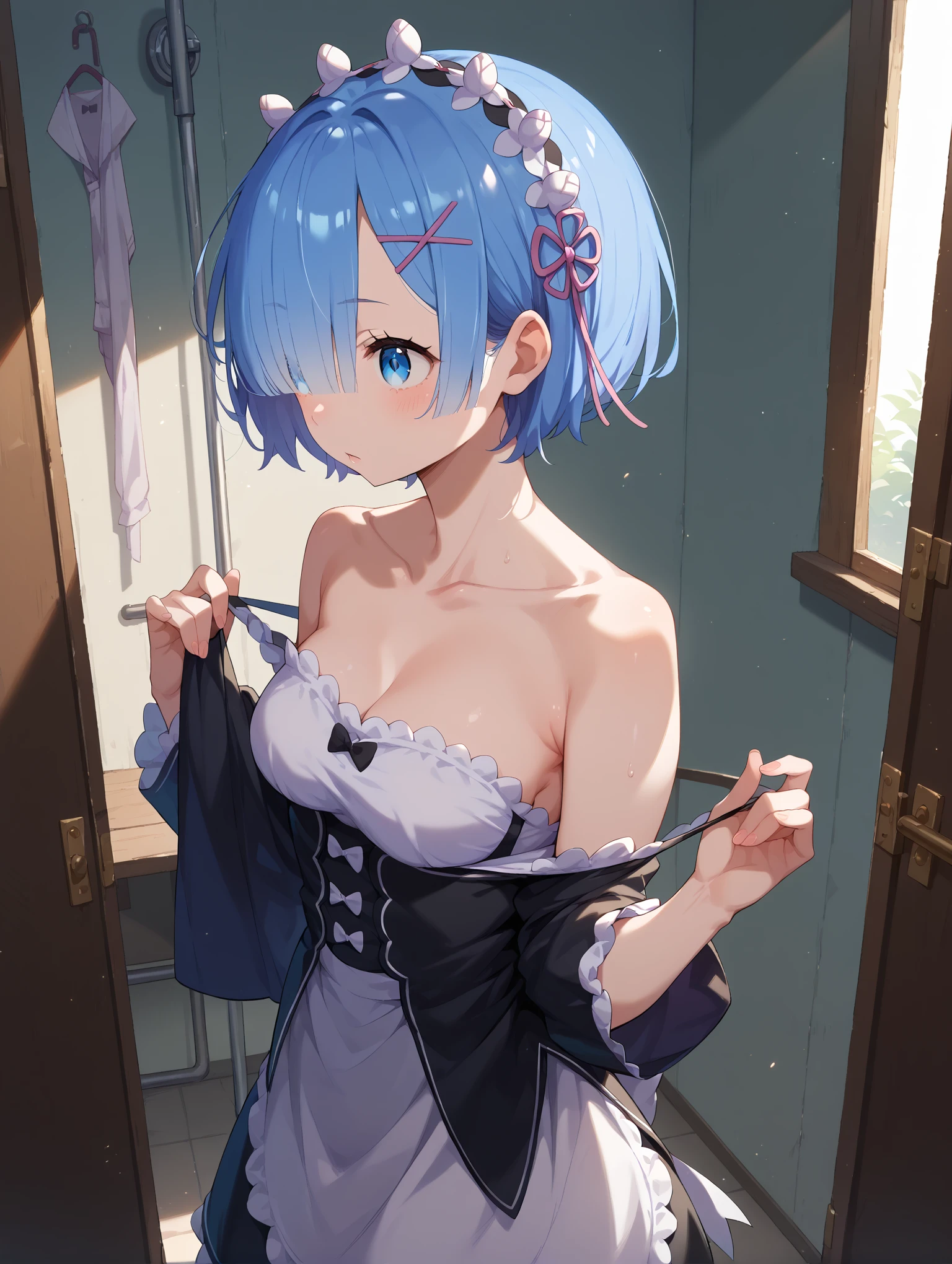 ph_rem, remhd, 1girl, blue hair, solo, blue eyes, x hair ornament,
BREAK ((((blue bra, nsfw))):1.2), BREAK skirt lift, black panties, closed eyes, frown, blush, wince, doorway, bedroom,
BREAK (masterpiece:1.2), best quality, high resolution, unity 8k wallpaper, (illustration:0.8), (beautiful detailed eyes:1.6), extremely detailed face, perfect lighting, extremely detailed CG, (perfect hands, perfect anatomy),