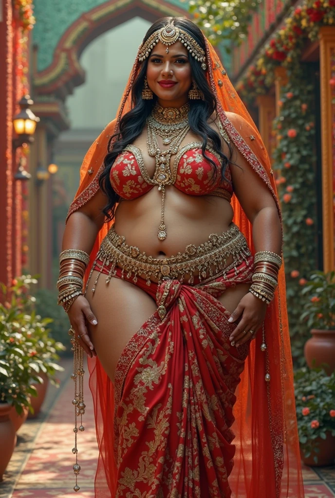 Full body picture, in MEHANDI HENNA TATTOO ON BOTH HANDS, Indian bride underarms, SHOWING HER ARMPITS, BBW ,In Veil , Wet curvy, busty Desi Mommy in saree and showing her big showing cleavage inside sleeveless blouse and Nose Ring, many bangles in both hands,Earings, Necklace ,Lipstick ,Navel,Indian, Chubby, showing her curves ,
