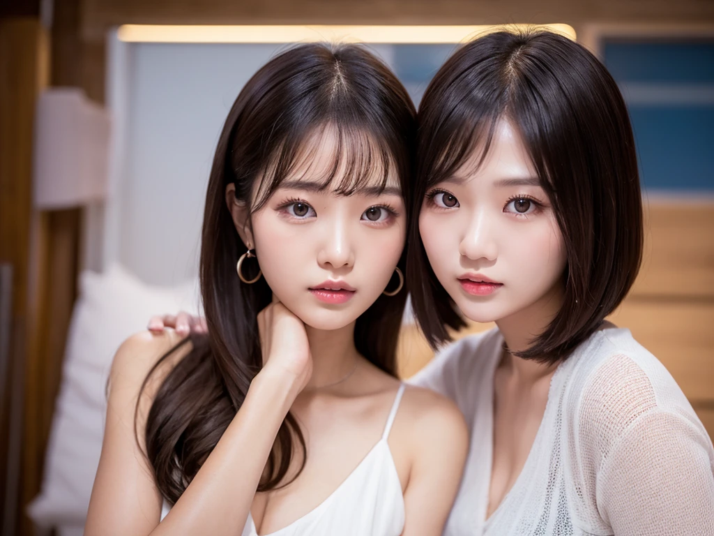 Selfie、Black clothes、Light clothing、Laughing、bed、Lying down、Very short hair、short、ベリーshortカット、Highest quality, figure, Super detailed, In detail, High resolution, 8k wallpaper, Perfect dynamic composition, Beautiful attention to detail, dress,Medium Hair, Small breasts、Natural color lip, Random sexy poses,smile,24-years-old