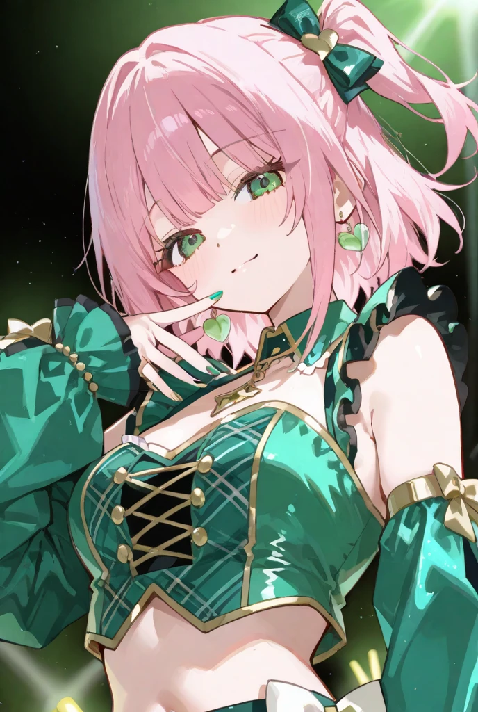 The image is of a beautiful woman wearing a tight fitting black lace lingerie. The woman has long flowing pink hair with strands of braided hair tied with red ribbon throughout. She has gorgeous green eyes that shine like emeralds. Her face is youthful and gorgeous. Her breasts are ample and seem too large for her tight fitting black lace bra. She is short in height but well developed -a short stack. She blushes as you look at her. She's standing in your bedroom and is excited to be with you. The image is ultra detailed with gorgeous colors, perfect line work, and detailed shading.