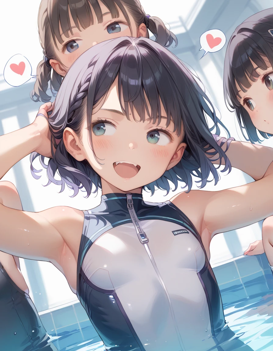 Highest quality、High resolution、Detailed Background、Beautiful face in every detail、Detailed facial expressions、Detailed eyes、age beauty、cuteカラーの髪色、Braided Ponytail、Braided bob cut、Braided twin tails、Navy school swimsuit、Perfect body line、School swimming pool、
(Two girls in school swimsuits cooling off in the shower:1.5)、
A big smile、Laughing with your mouth open、My whole body is wet、My hair is wet too、A fun atmosphere、cute仕草、Hydrate、Cool the body with cold water、cute