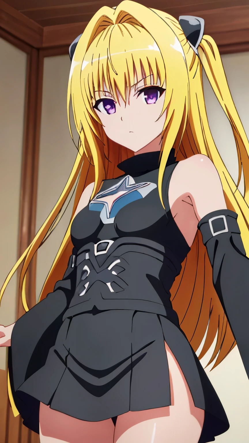 (Top quality, masterpiece, 8k:1.2), (anime coloring), (pixel-perfect, detail-perfect), very detailed, perfect hair style, beautiful eyes, perfect eyes, detailed eyes, perfect eyebrows, perfect face, detailed face, perfect hairstyle, ultra-detailed, detailed eyes, symmetrical eyes, sharp detailed, 1girl, solo, konjiki no yami, (blonde hair), (long hair), (purple eyes), (mature face:1.0), slim, slim body, (small breast:1.2), ((expressionless)), (nffsw, black cloth, detached sleeves, clothing cutout, micro mini skirt, closed mouth), looking at the viewer, in the center of the image, (cowboy shot1.2), looking at the viewer, in the center of the image, dutch angles,