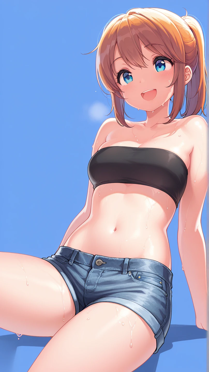 1girl, ultra high res, large chest, cleavage, shorts, smile, perspective from below, giantess girl , crushing stomp