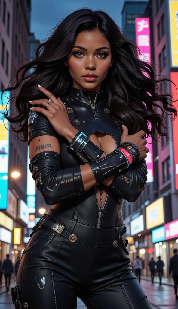 Masterpiece, highest quality, details, black woman, African female, hunter, brown skin, warrior, modern, full body, sensual eyes, gun in hand, city building, realistic, game avatar, sexy pose, brown leather clothes, silver bullet necklace, crucifix earrings, long braided hair, grandes, vampire hunter, black leather jacket with red words, utility belt on waste, yoga pants