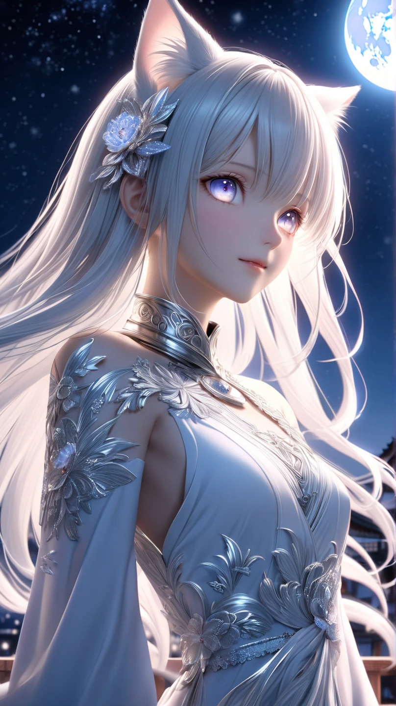 Night view,star,(White Haired Girl:1.5),((masterpiece))、(detailed)、(Backlight)(A fantastic atmosphere、Ancient capital、Amazing beauty images,((1girl))、white dust、It looks like they're dancing、Suspended particles), (Black Dress:1.4、Long dress with sleeves、Exposing shoulders、Off the shoulder)、(Gray hair that changes with light、length, Lustrous white hair、WHITE hair fluttering in the wind)、(Beautiful white and shining skin、Cheek gloss highlighter、Sexy and very beautiful and adorable face、The most beautiful face in the world、big, Sparkling blue eyes)、(Cute 25 year old girl、small beautiful breasts、Great cleavage、Delicate shoulders、Perfect figure)(Close-up image:1.2)