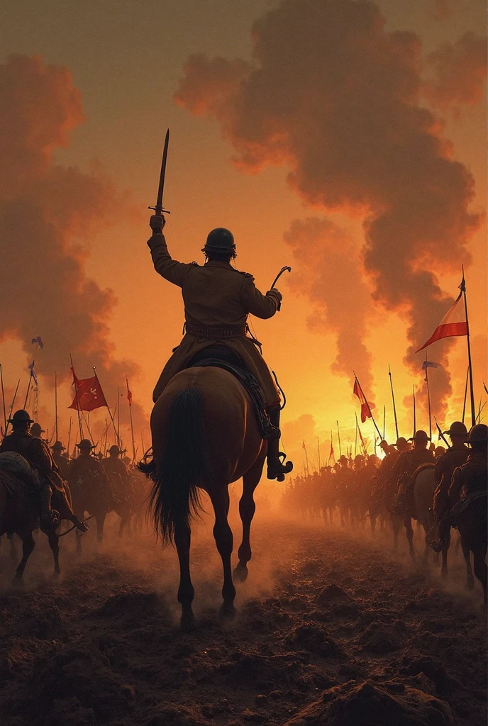 masterpiece, best quality, greg rutkowski, battlefield, war, fantasy, horse, fire, scenery, flag, cloud, sky, war, weapon, soldiers, outdoors, battle, horseback riding, armor, cloudy sky, smoke , very detailed, high resolution, sharp, sharp image, 4k, 8k,