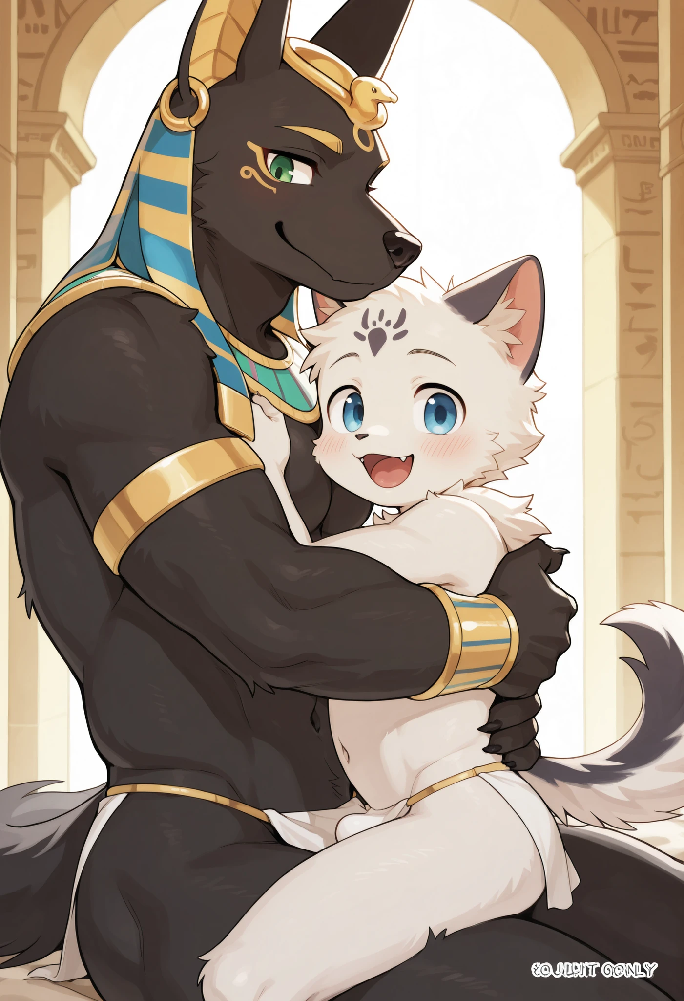 kemoshota, anubis dog boy, whole black fur, egypt adorns, short height, short statue, baby boy, looking up, cute adorable body, puppy, smiling, happy, penis, foreskin, flaccid
