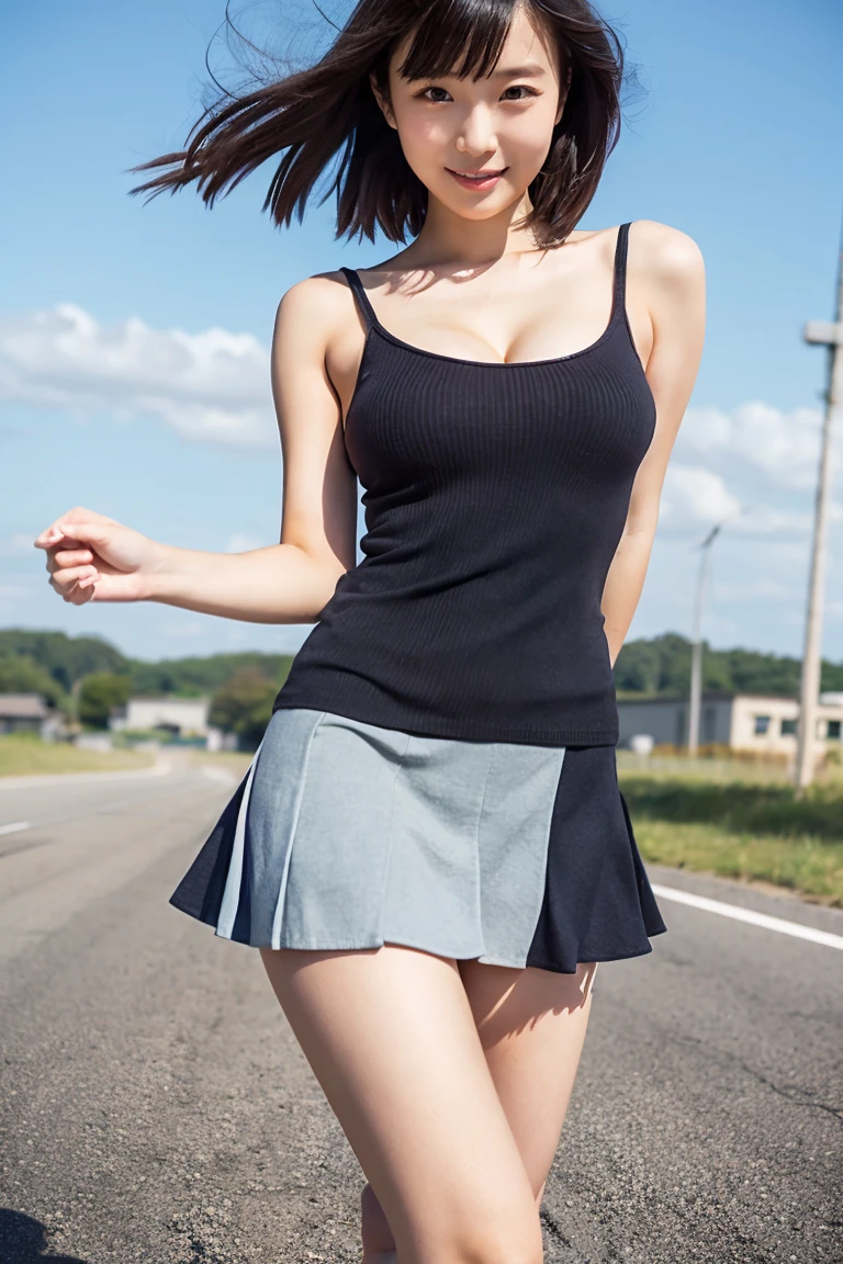 detailed_background, realistic, full body, 1girl, eye glasses, blushes, dark alley, black hair, ponytail, bangs, cleavage, big bust, belly, crotch, small waist, bare legs, thighs, thicc_thights, knees, sneakers, white sleeveless camisole, pleated skirt, panty_shots, crotch seam, crotch tuft, crotch fluff, crotch belly,