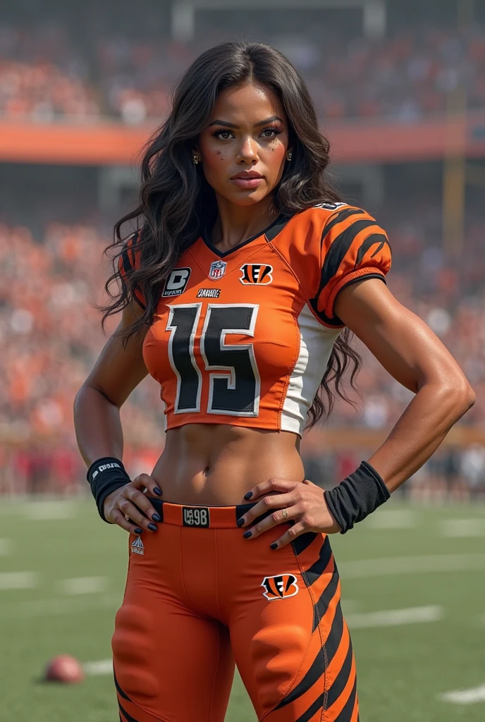 (best quality,4k,8k,highres,masterpiece:1.2),ultra-detailed,(realistic,photorealistic,photo-realistic:1.37),sexy cheerleader,brown-haired cheerleader,green-eyed cheerleader,green and red outfit,beautiful face,long and curly brown hair,detailed eyes and face,wearing a tight and revealing cheerleader outfit,busty cheerleader with large breasts,confident and seductive expression,ponytail hairstyle,dancing with high energy,pompoms in hand,cheerleader in a dynamic pose,athletic build and toned body,perfectly applied makeup,cheerleader with a radiant smile,sparkling green eyes,focus on the cheerleader's sexy and shapely figure,background with a stadium filled with cheering fans,vivid colors and realistic details,studio lighting to enhance the cheerleader's features,photography style for a captivating and glamorous result