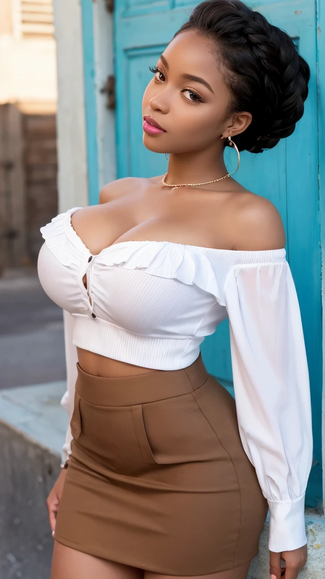 Black women、Dark skin color、Spread your legs、White shirt with puff sleeves and collar、((flare skirt))、((Panties are visible))、Big Breasts、Undertraight Hair))、(blunt bangs)、(New York Cityscape)、Very beautiful woman、Slender women、(Detailed face)、Realistic Skin、((Delicate photo)),(Girl Masterpiece RAW Photo Details:1.25), (Highest quality:1.6), (Ultra-high resolution:1.5), (Realistic:1.75), 8k resolution, Canon EOS R5, 50mm, Absurd, Ultra-detailed,Cinema Lighting、