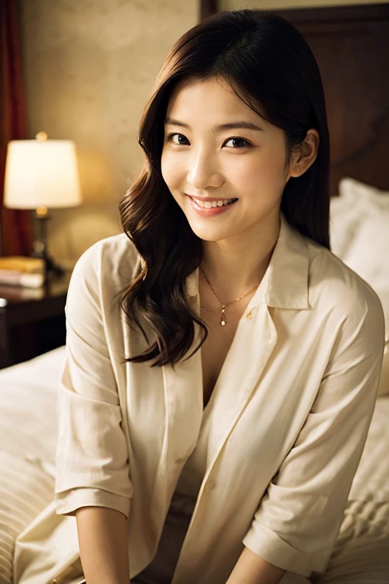 Highest resolution, 4K, Masterpiece: 1.3), A Japanese milf, photo of one lady, Sexy: 1.1, fine eyes, Slender figure, Realistic teeth, double eyelids, full body, best quality, detailed, beauty, a married woman, wear pajamas, at the bedroom, lying