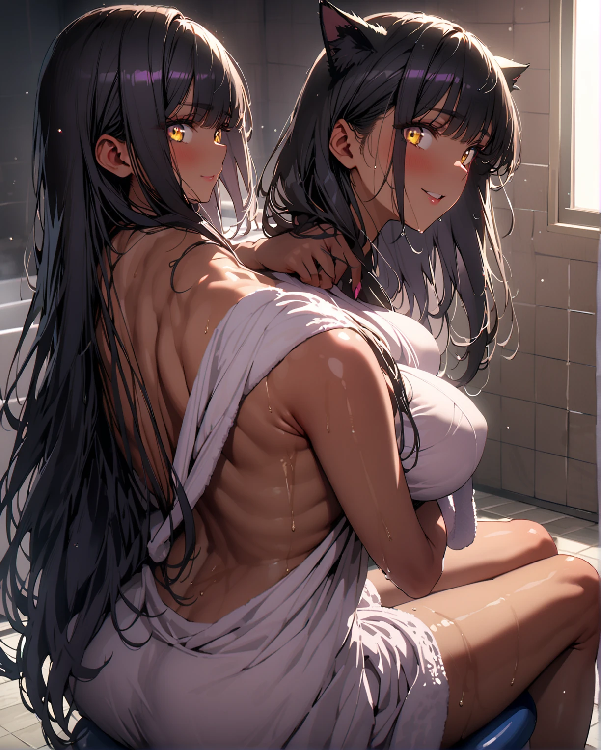 (((masterpiece, Highest quality:1.5,absurdres))),(kissing,yuri),、Two 25-year-old beauties,(dark blue hair),brown hair,((very small head:1.3)),long hair,bangs,dark blue eyes,gorgeous eyes,blush,Heavy breathing,tongue、drooling,medium breasty long body:1.4)),((toned body,slender body)),skinny,(((brown skin))),gleaming skin,shiny skin,sweat:1.5,(white sports bikini、navel、Love juice),Lesbian sex、sym、