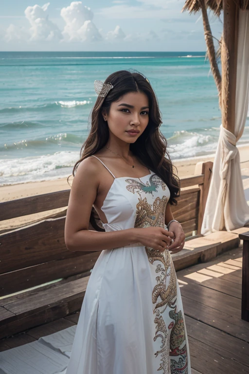 a beautiful 22 years-old arab and moroccan woman with long, straight and slicked black hair. She has almond-shaped brown eyes. She is chubby, short with wide ???? and has a body mass index of 25. Wearing a white and golden silk evening dress. Posing on the beach of Bora-Bora in French Polynesia. Entire body view, side view.