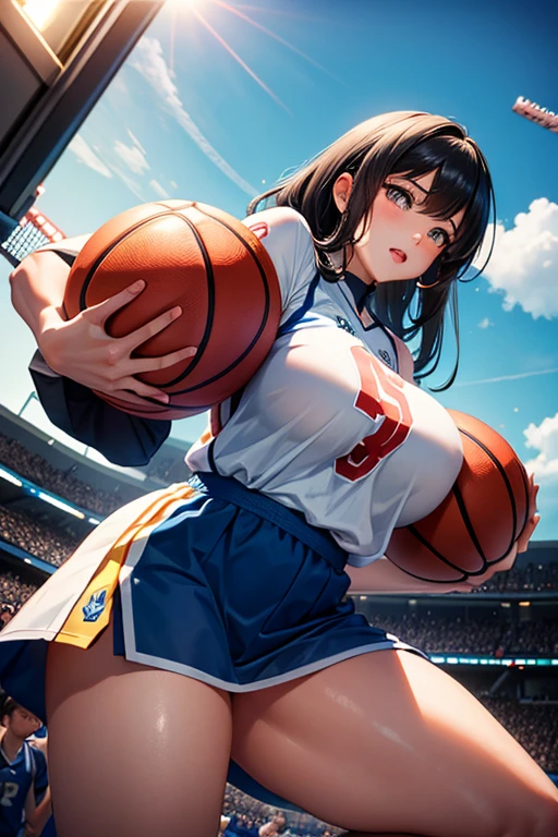 A girl in a red basketball uniform, (((big breasts))), (((loose hair))), (((Right hand on his waist and his left hand holding the basketball))), (((the flag))), .