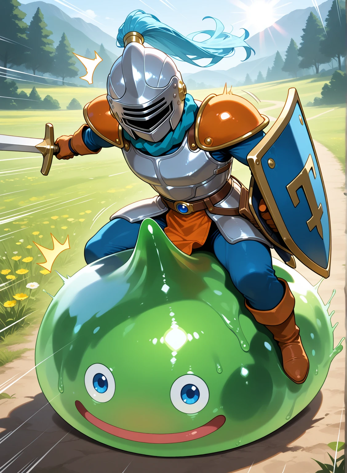 Masterpiece,best quality,nature,field,dragon slime knight, slime in the ...