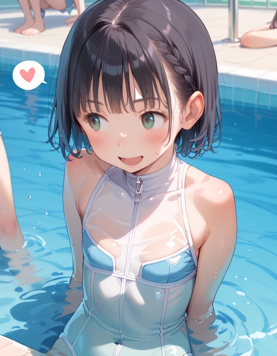 Tazune rirei, nsfw, 8k, ultra-detailed, Masterpiece, best quality, perfect lighting, aqua eyes, one eye closed, black hair, braid hair, (:1.5), (bukkake:1.5), (cum on face:1.5), (cum on hair:1.5), (cum in mouth:1.5), (cum on body:1.5), (flat chest:1.3), nipple peek, pink areola, 1girl, solo, sunny summer day, simple square pool, sitting on the poolside, looking at viewer, spoken heart, ((school swimsuit)), barefoot, portrait, bokeh, blush, embarrassed