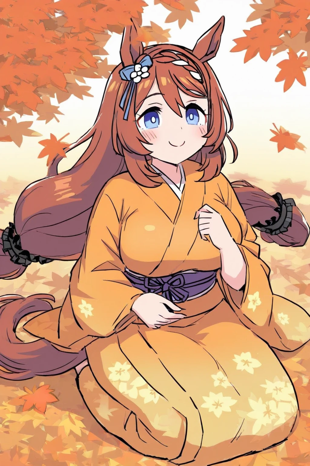 <lora:Clueless_First_Friend_style-v1:0.8> clueless_friend_style, <lora:GoodHands-vanilla:1>, print kimono, japanese clothes, long sleeves, closed eyes, summer festival, night, outdoors, bamboo, cat ears, animal ears, cute pose, (hair over one eye:1.2), :), blush, sitting, sitting on stairs, grass, orange hair, hair clip, :3, cowboy shot, long hair, hands on knees, 1girl, (masterpiece:1.3), high quality, highres, absurdres, solo