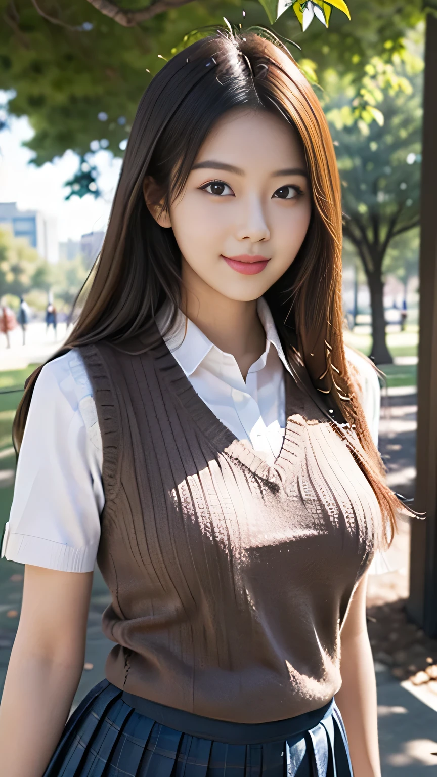 upper body closeup photo anatomically correct 5 fingers beautiful Korean woman in front of the machine (((straight hair))) pleated skirt, (((Overhanging big ))), Student uniform, short sleeve shirt (((Sweater Vest))) looking at camera (((In the shade of a park))) cute charming smile