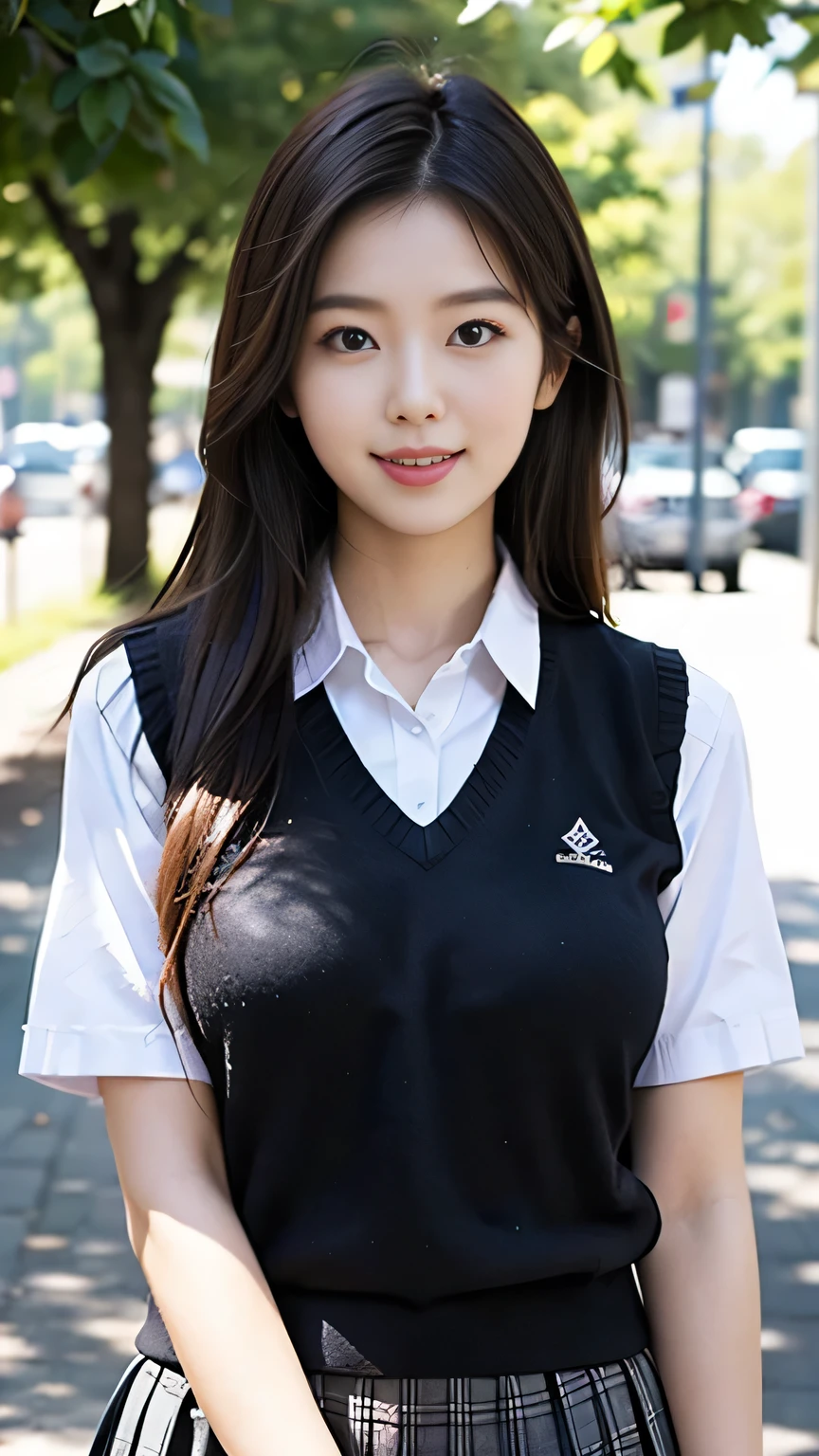 upper body closeup photo anatomically correct 5 fingers beautiful Korean woman in front of the machine (((straight hair))) pleated skirt, (((Overhanging big ))), Student uniform, short sleeve shirt (((Sweater Vest))) looking at camera In the shade of a park cute charming smile