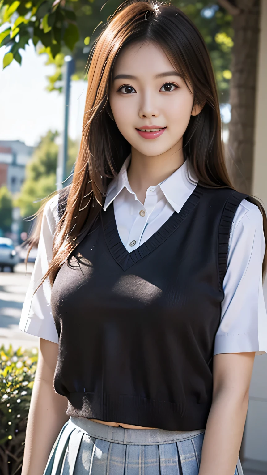 upper body closeup photo anatomically correct 5 fingers beautiful Korean woman in front of the machine (((straight hair))) pleated skirt, (((Overhanging big ))), Student uniform, short sleeve shirt (((Sweater Vest))) looking at camera In the shade of a park cute charming smile